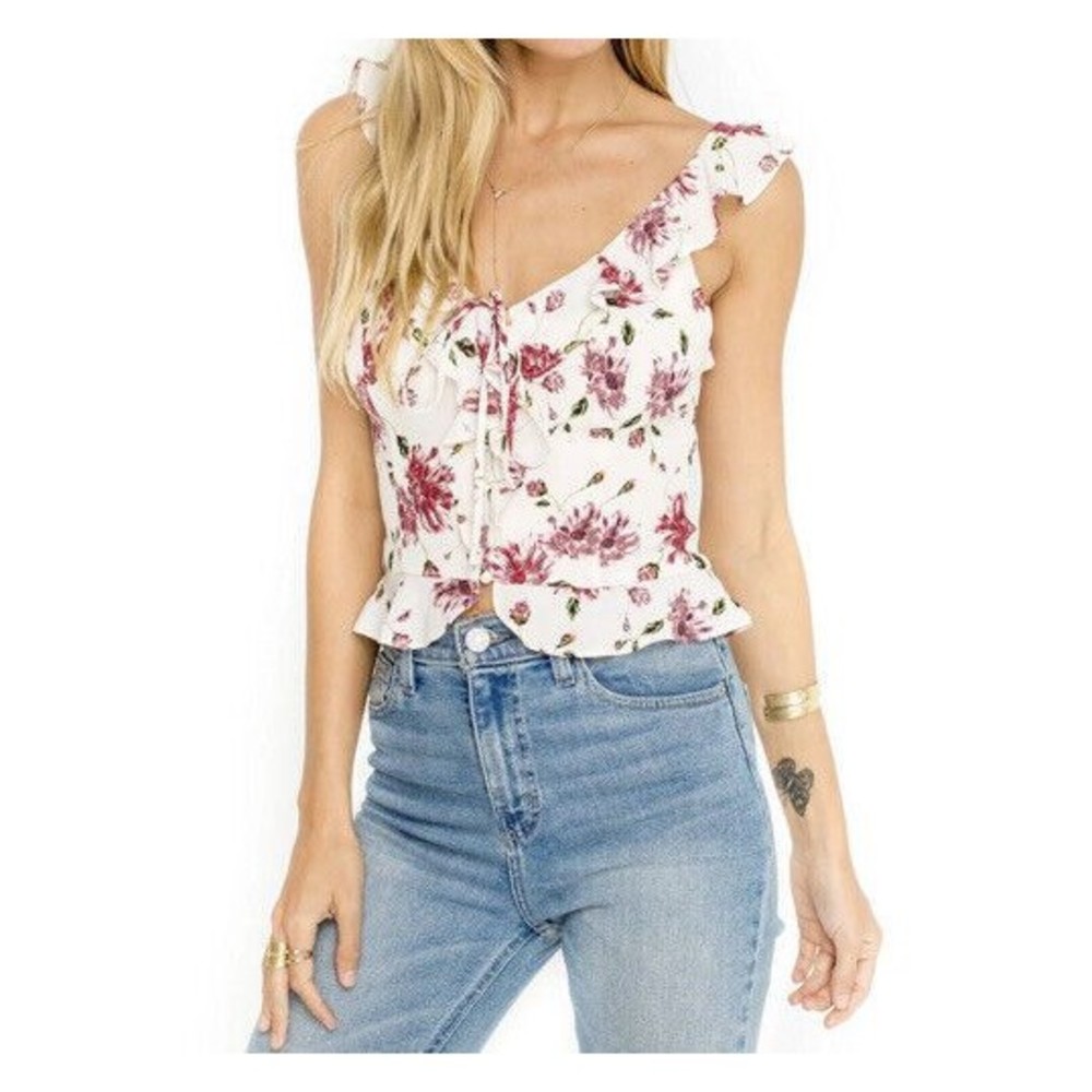 ASTR The Label Women’s Floral Ruffle Button Down Tank White Size Medium